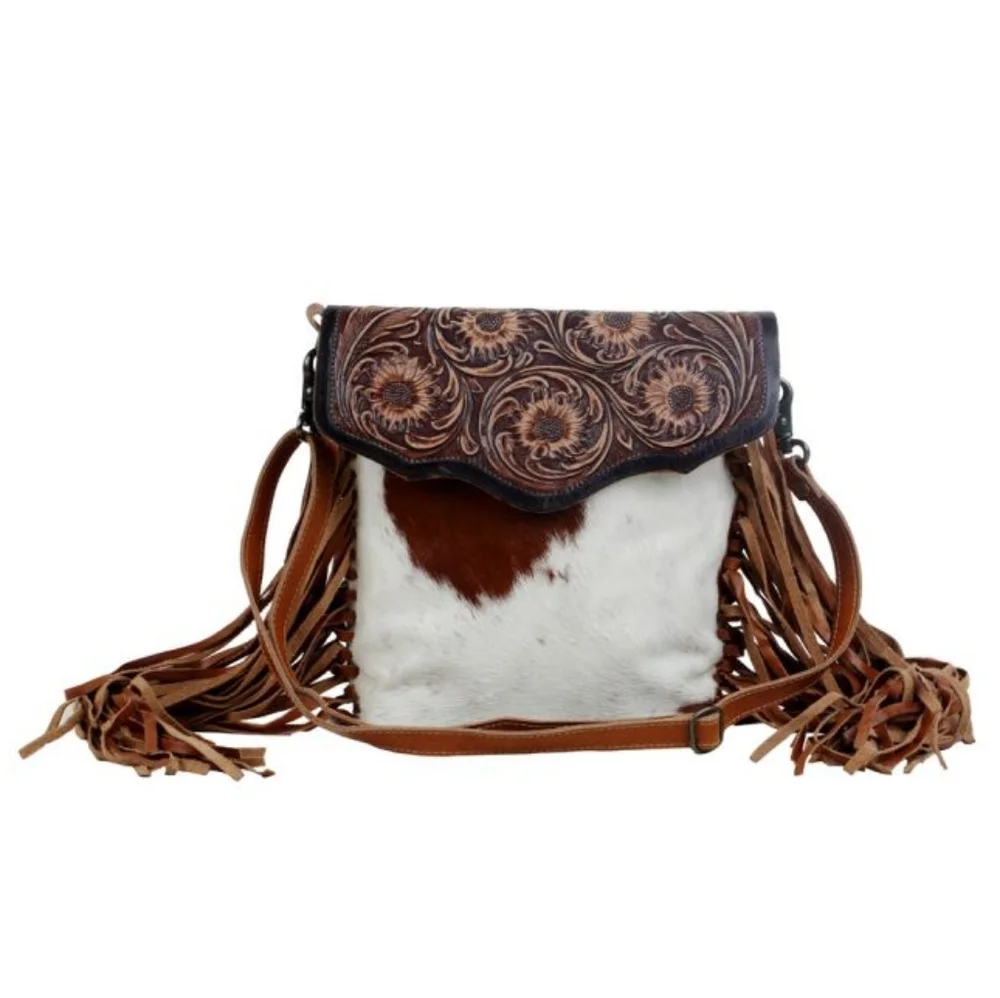 NWT MYRA BLOSSOM HAND-TOOLED BAG Genuine Hair On Hide Leather Fringe - Picture 6 of 8